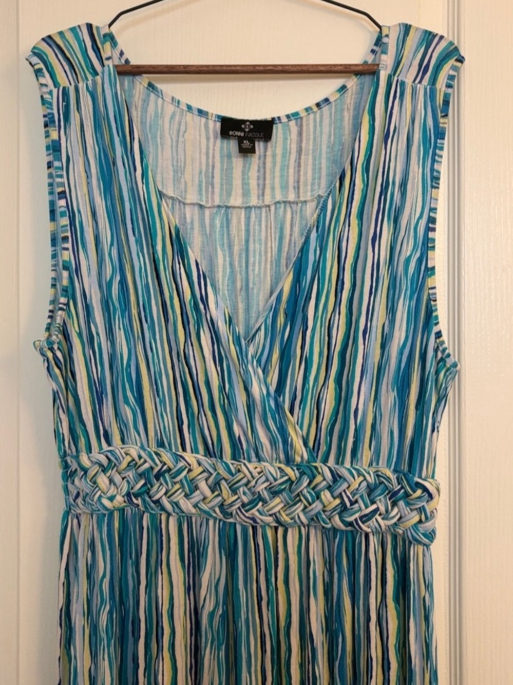 Ronni Nicole Blue Striped Braided Waist Maxi Dress XL boho FLAW 2 pinholes